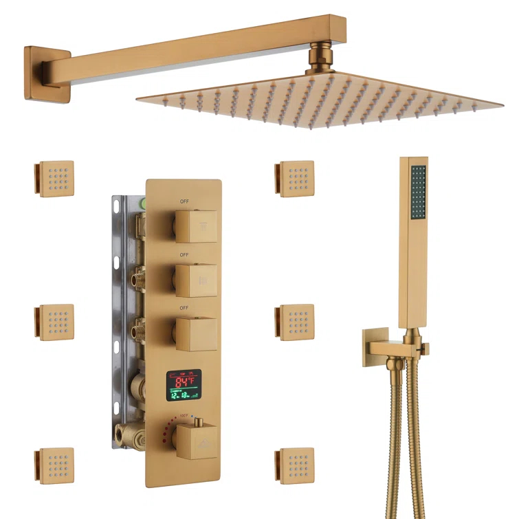 CASAINC KCHS0017-12BG 12 Inch Rainfall Thermostatic Shower System with Body Spray and Temperature Display