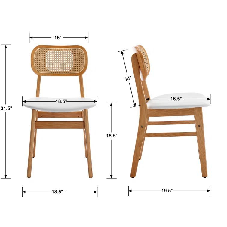Upholstered Faux Leather Seat Rattan Back Dining Chair, Solid Wood Frame Side Chair For Living Room