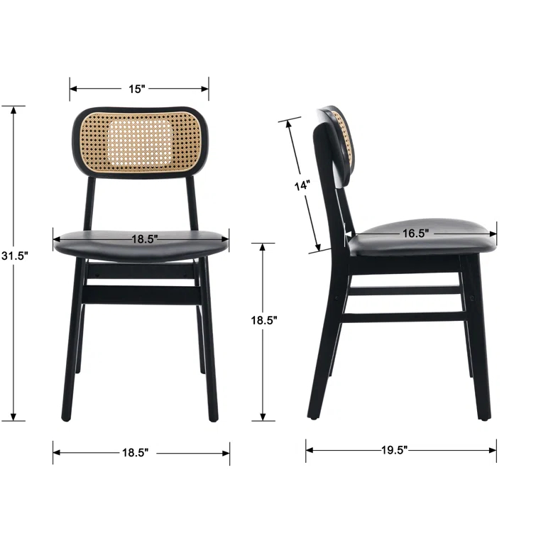 Upholstered Faux Leather Seat Rattan Back Dining Chair, Solid Wood Frame Side Chair For Living Room