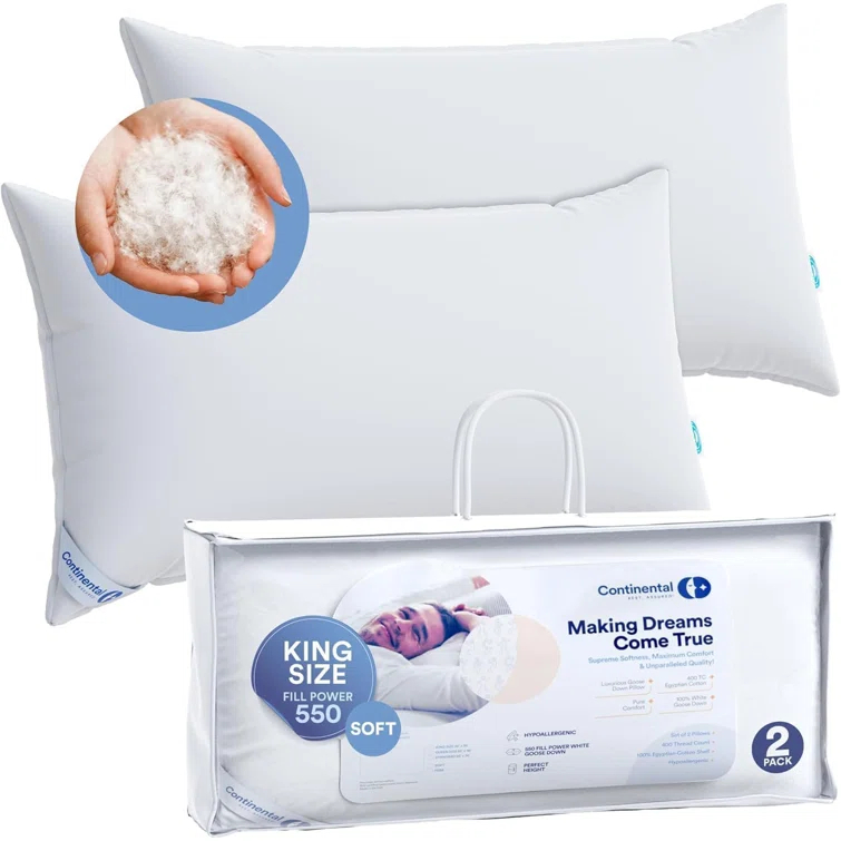 ContinentalBedding Continental Bedding Soft Down Pillows, 2-Pack, 550FP, 75% Down 25% Feather, 400TC 100% Cotton Cover (Set of 2)