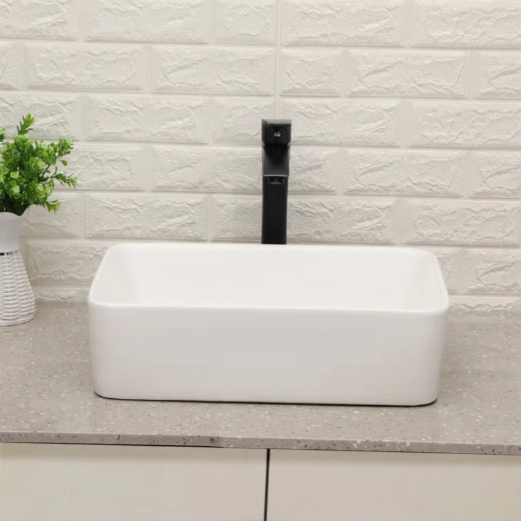 Myhomekeepers 15'' White Ceramic Rectangular Bathroom Sink with Faucet