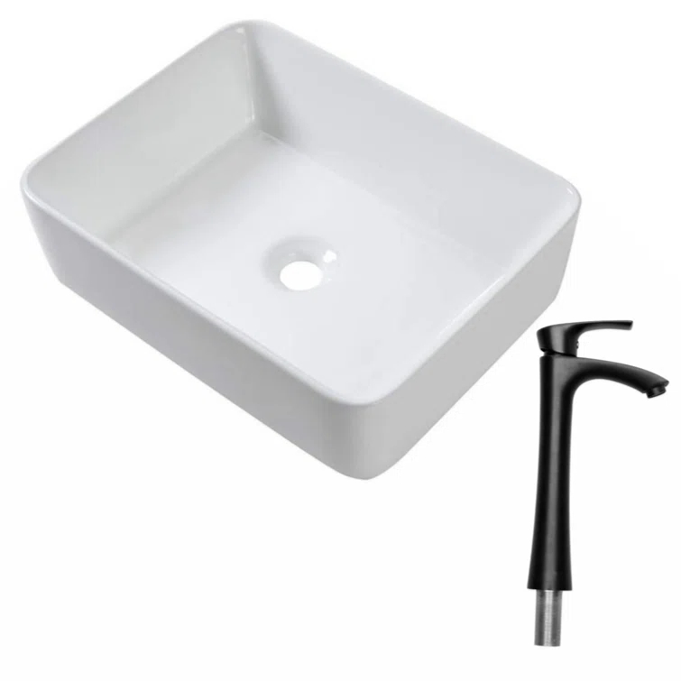 Myhomekeepers 15'' White Ceramic Rectangular Bathroom Sink with Faucet