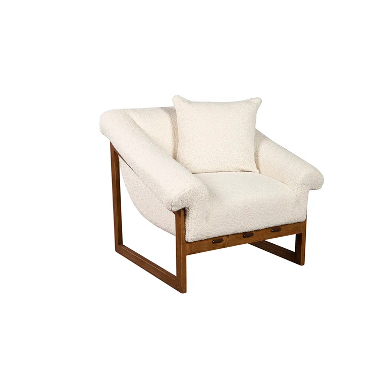 White Boucle Upholstered Oak Sled Base Armchair