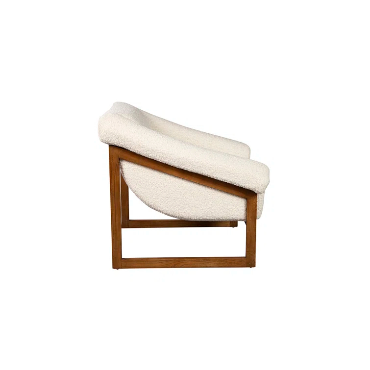 White Boucle Upholstered Oak Sled Base Armchair