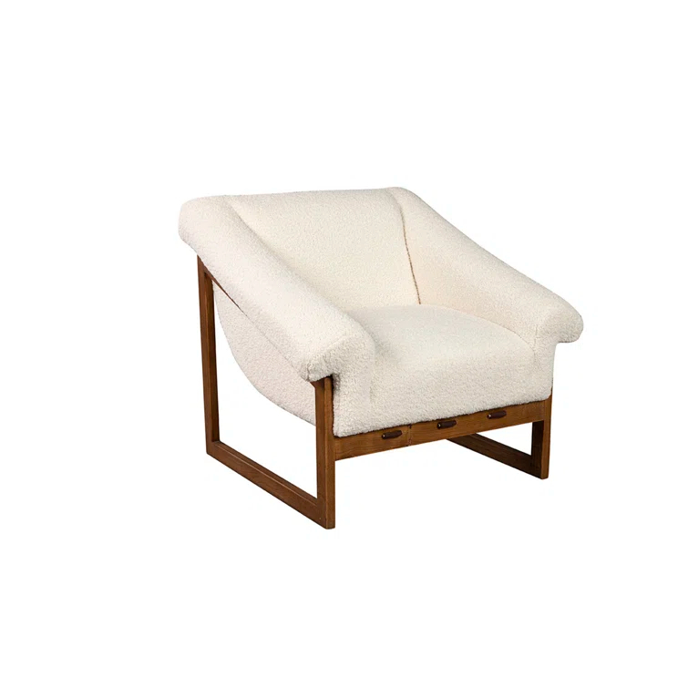 White Boucle Upholstered Oak Sled Base Armchair