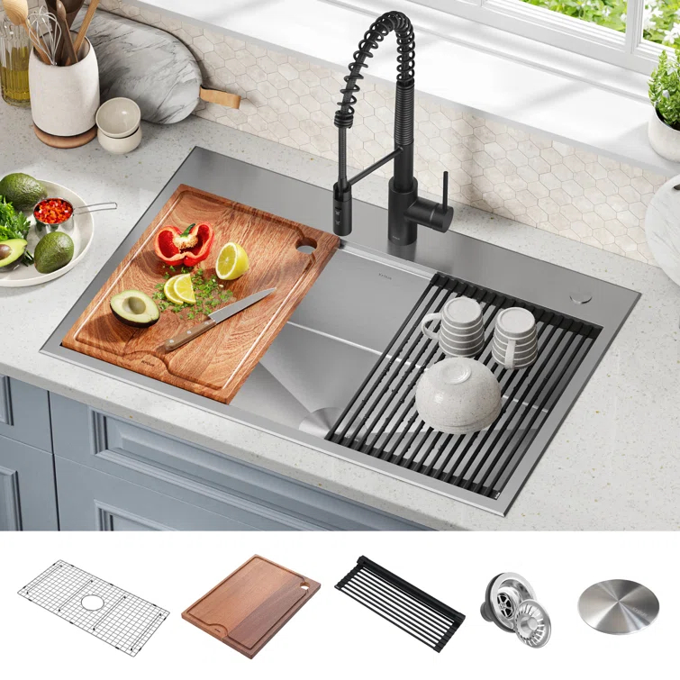 KRAUS Kore Drop-In Workstation 16 Gauge Stainless Steel Single Bowl Kitchen Sink with Accessories