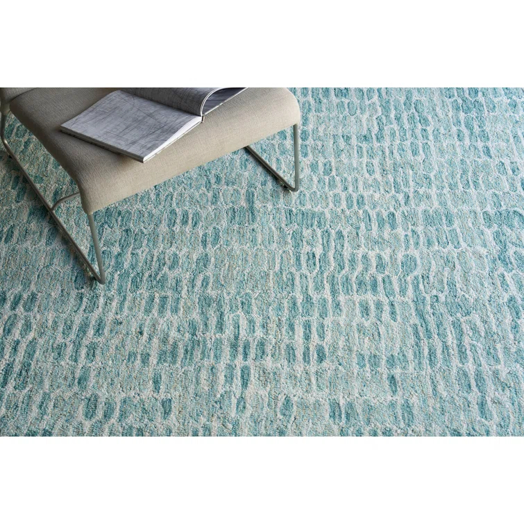 Ink Blot Abstract Handmade Tufted Wool/Viscose Area Rug in Turquoise/Gray