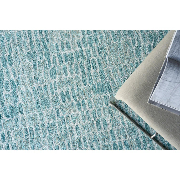 Ink Blot Abstract Handmade Tufted Wool/Viscose Area Rug in Turquoise/Gray