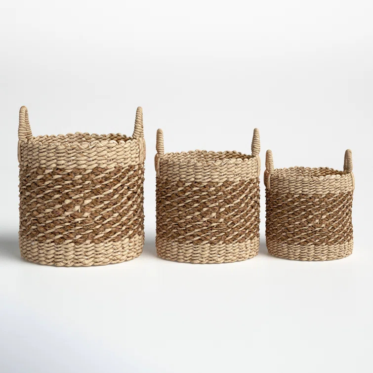 Coastal Wicker Basket With Handles - Set of 3