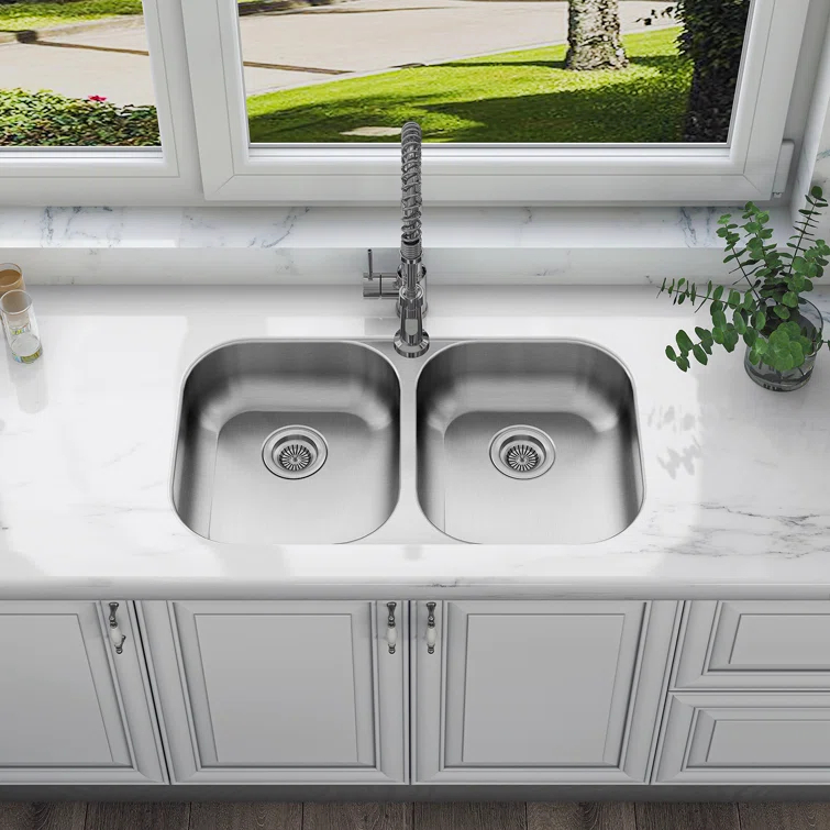 Sinber 32" x 18" Undermount Double Bowl Kitchen Sink with 18 Gauge 304 Stainless Steel Satin Finish
