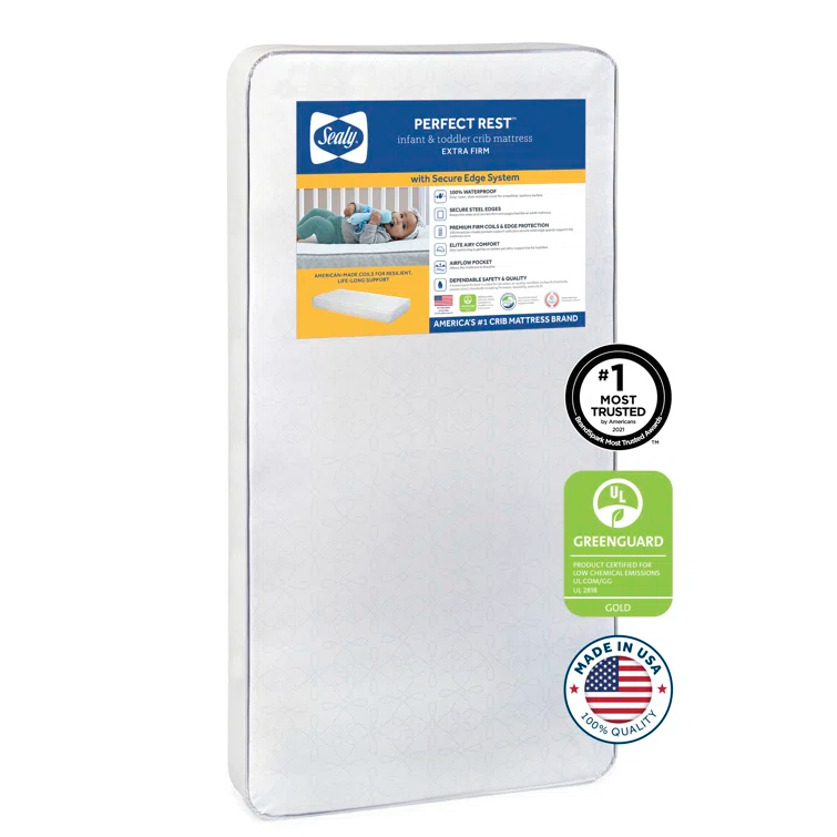 Sealy Baby Premium Firm Hypoallergenic Baby Crib Mattress & Toddler Bed Mattress, Waterproof Baby Mattress, 150 Coils, Air Quality Certified, 52"x28"