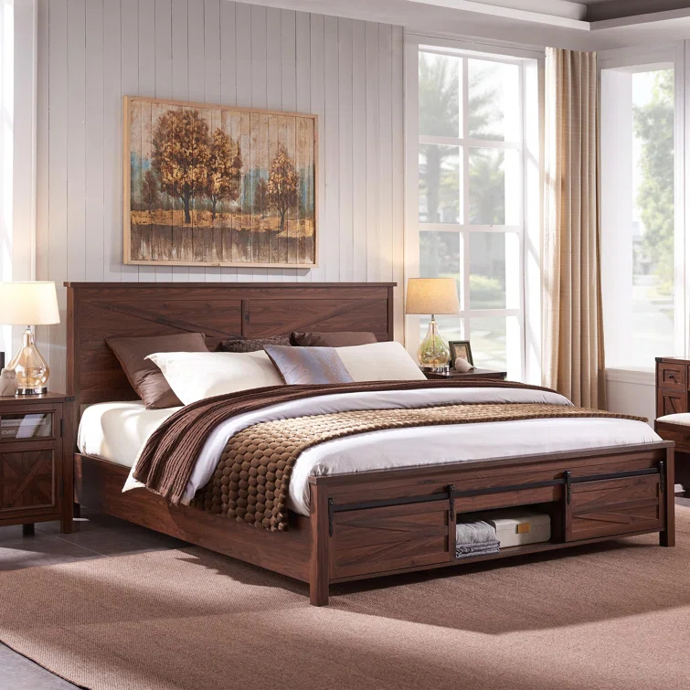 Argana Farmhouse Wood Bed Frame with Headboard and Sliding Barn Door Storage Cabinets