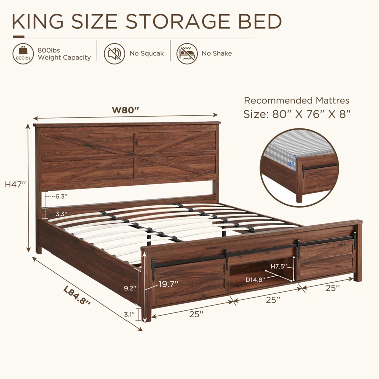 Argana Farmhouse Wood Bed Frame with Headboard and Sliding Barn Door Storage Cabinets
