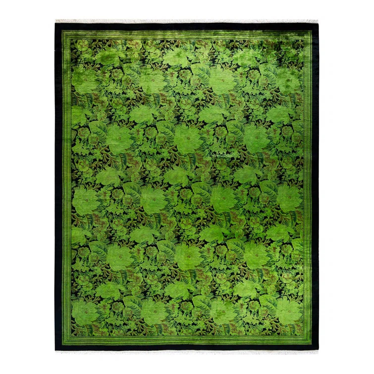 Hand-Knotted Green Wool Floral Motif Area Rug with Fringe