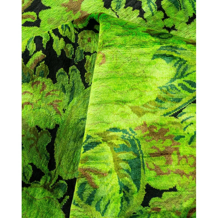 Hand-Knotted Green Wool Floral Motif Area Rug with Fringe