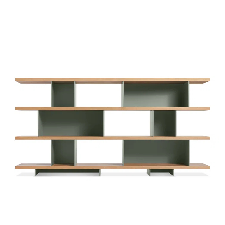 Asymmetrical White Oak and Grey Green Geometric Bookcase