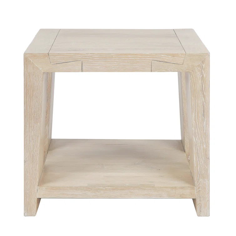 Tan Solid Oak Rectangular End Table with Shelf