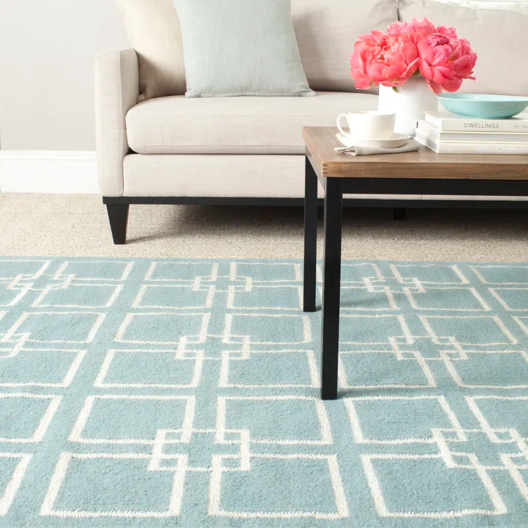 Martha Stewart Flat Weave Wool/Silk/Cotton Geometric Rug in Geyser Blue