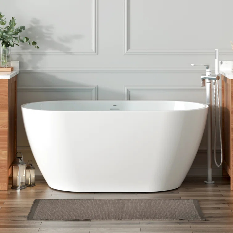 FerdY FerdY-02538-1400-BN Bali Freestanding Soaking Acrylic Bathtub with Brushed Nickel Drain