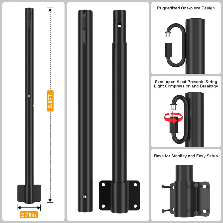 2 Pack 2.8 FT String Light Poles, Suspension Outdoor Fence Post Lights with Clip and Bracket