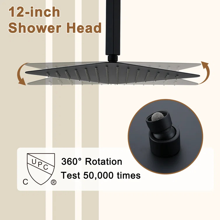 3 Functions 12 Inch Ceiling Mounted Thermostatic Shower System with 6 Body Jets