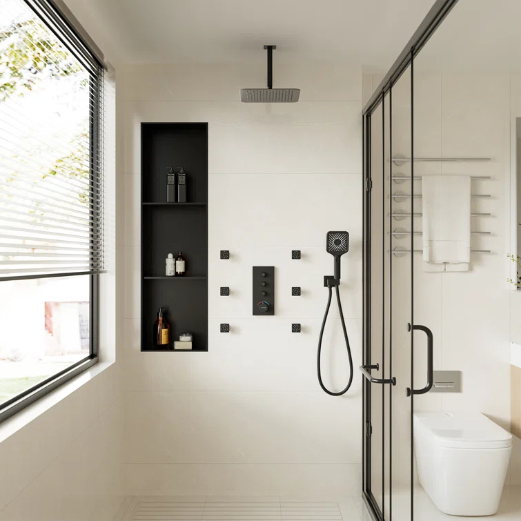 3 Functions 12 Inch Ceiling Mounted Thermostatic Shower System with 6 Body Jets