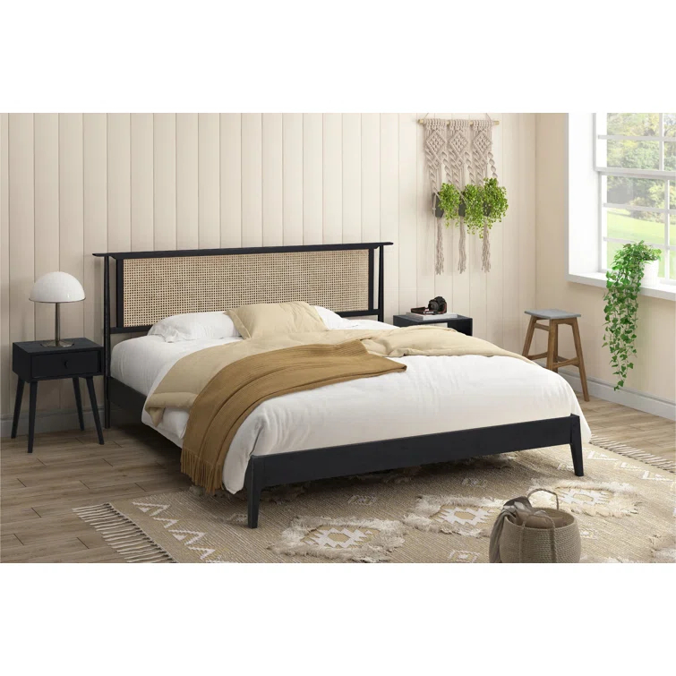 Ruby Wooden Bed Frame With Headboard And Natural Rattan, 1000 Lb Capacity