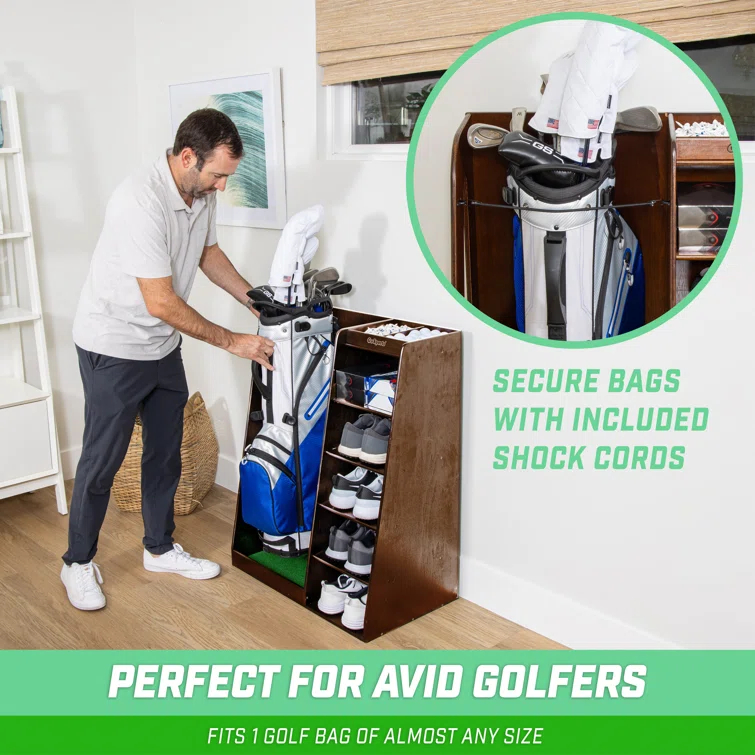 GoSports Premium Wooden Freestanding Golf Bag Organizer and Storage Rack