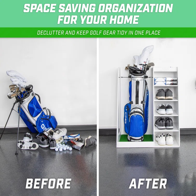 GoSports Premium Wooden Freestanding Golf Bag Organizer and Storage Rack