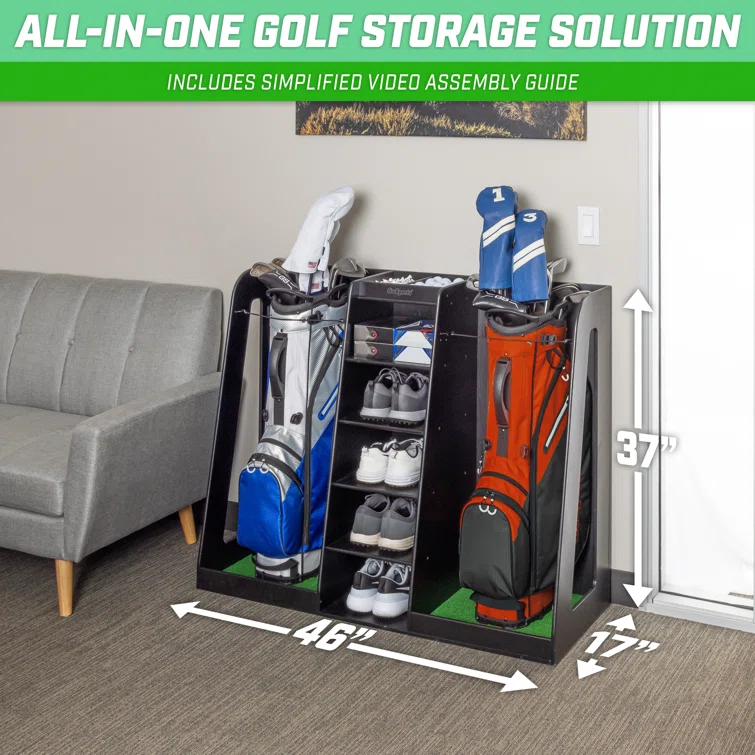 GoSports Premium Wooden Freestanding Golf Bag Organizer and Storage Rack
