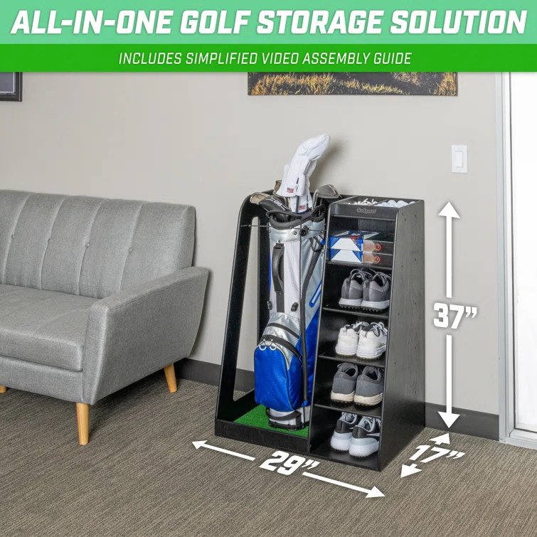 GoSports Premium Wooden Freestanding Golf Bag Organizer and Storage Rack
