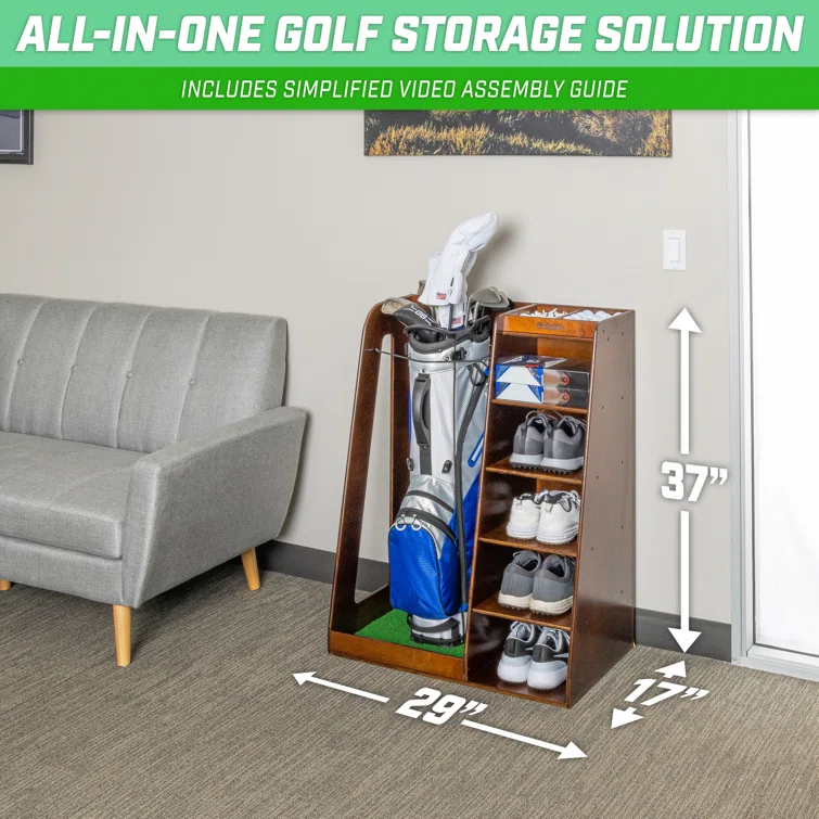 GoSports Premium Wooden Freestanding Golf Bag Organizer and Storage Rack
