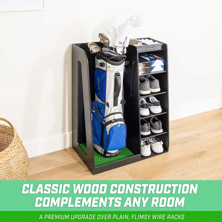 GoSports Premium Wooden Freestanding Golf Bag Organizer and Storage Rack