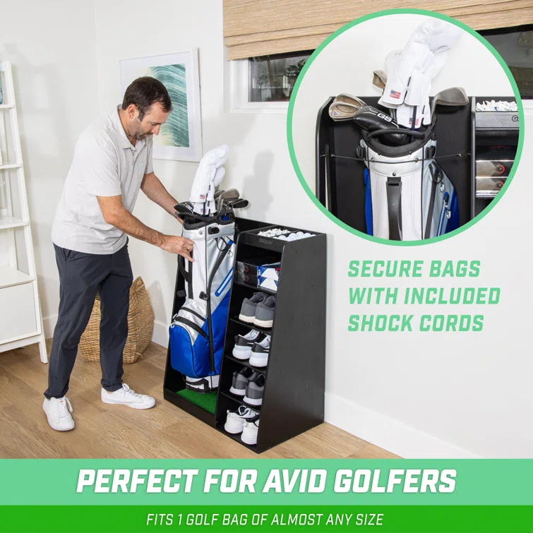 GoSports Premium Wooden Freestanding Golf Bag Organizer and Storage Rack