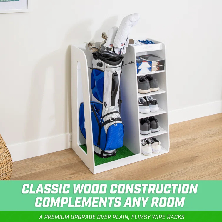 GoSports Premium Wooden Freestanding Golf Bag Organizer and Storage Rack