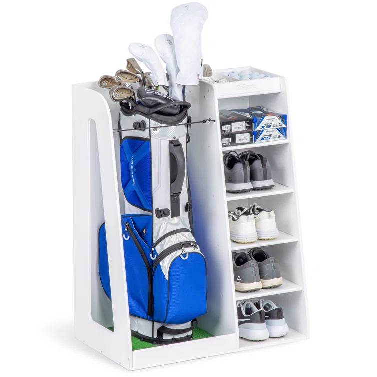 GoSports Premium Wooden Freestanding Golf Bag Organizer and Storage Rack