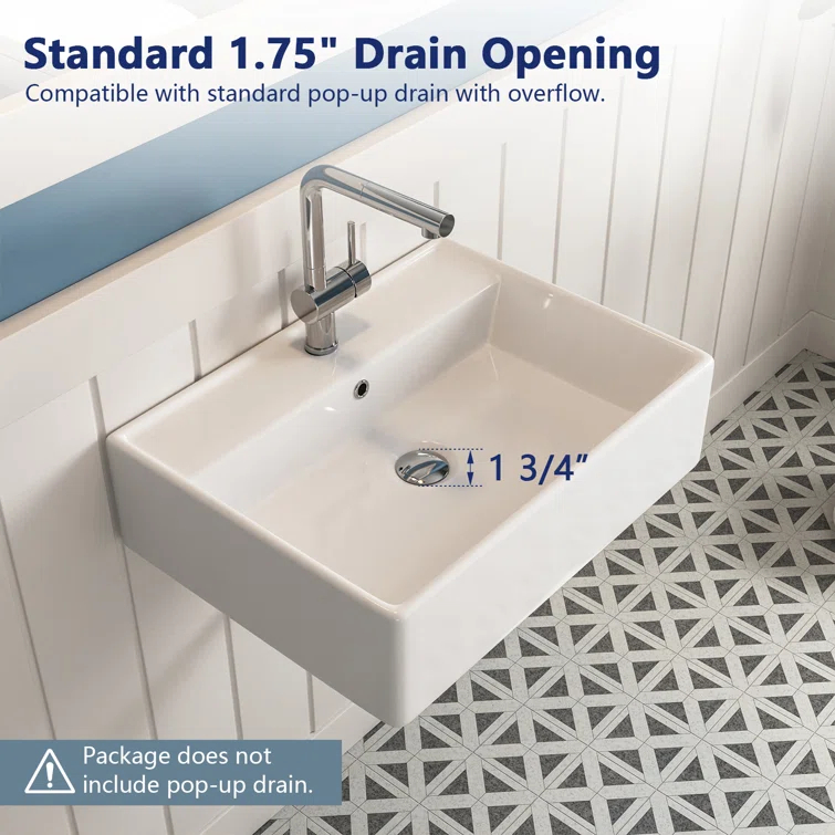 23'' x 18'' White Rectangular Vitreous China Wall Mount Bathroom Sink with Overflow