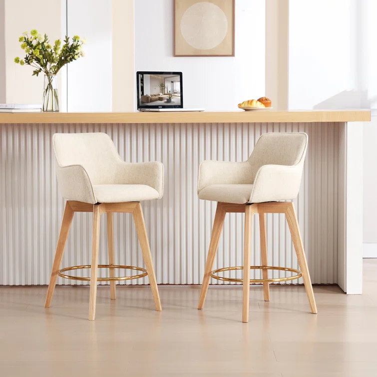 Lovetro Swivel Full Back Arms Upholstered 25.8"H Counter Stool with Solid Rubberwood Frame and Gold Footrest