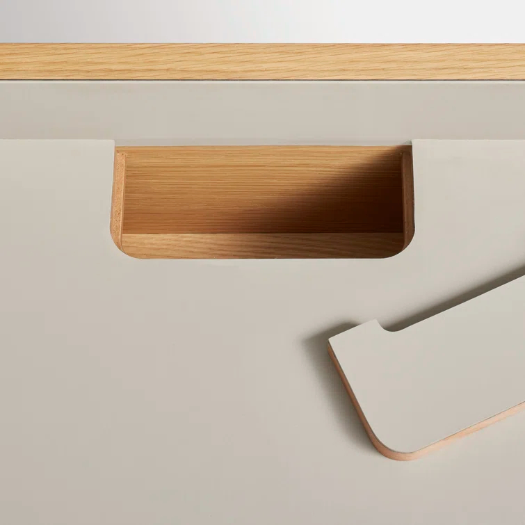 Elegant Putty and White Oak Desk with Expansive Tabletop and Drawer