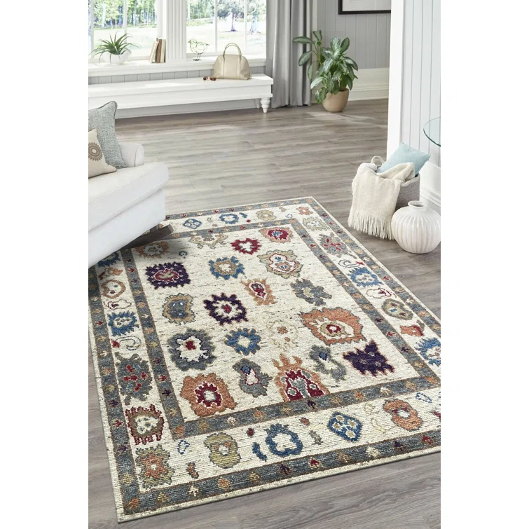 EORC Stylish and Durable Hand Knotted Traditional Oriental Wool Indoor Ivory Rectangle Area Rugs