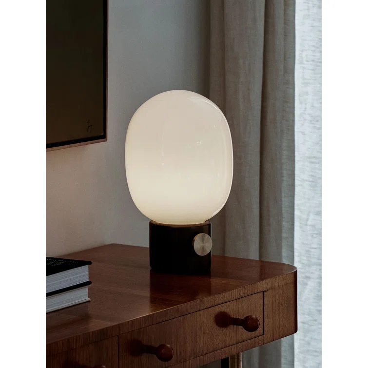 Cordless Black and White Glass Table Lamp with Brass Dimmer