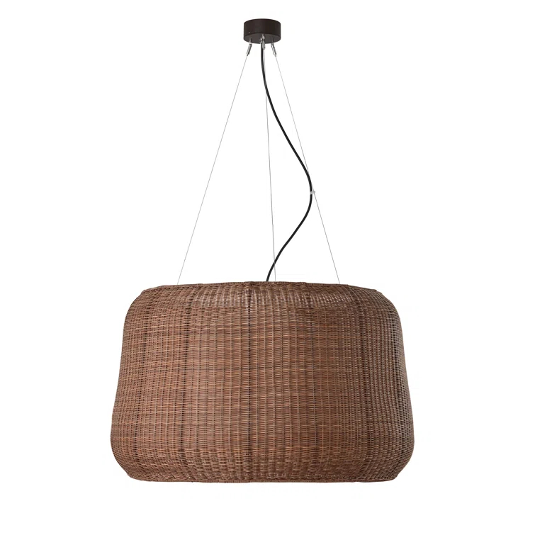 Graphite Brown LED Indoor/Outdoor Drum Pendant Light with Rattan Shade