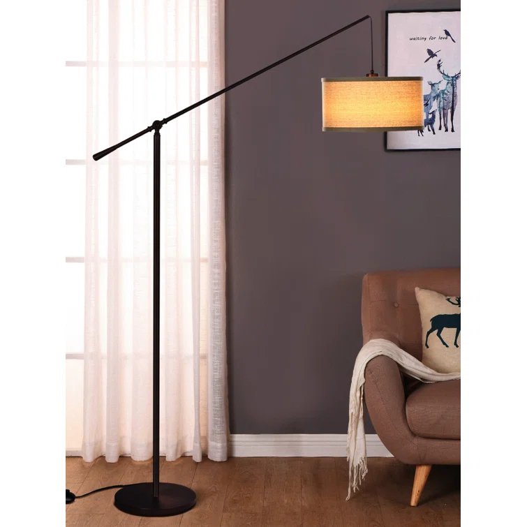 Brightech Hudson 70 in. Modern Height-Adjustable LED Tall Standing Floor Lamp with Beige Fabric Drum Shade