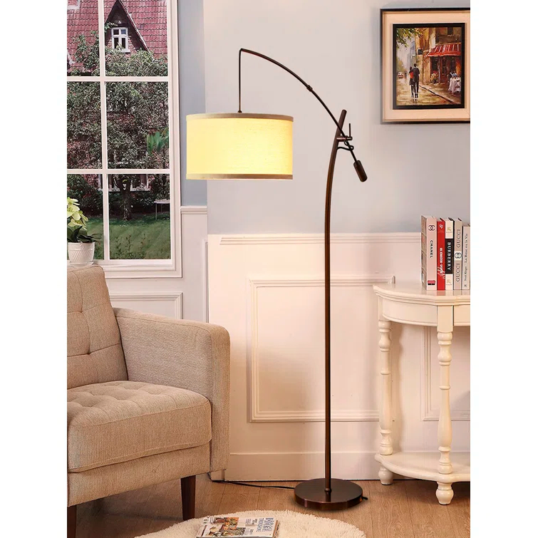 Brightech Grayson 84" Mid-Century Modern Height-Adjustable LED Arc Floor Lamp with Bronze Finish and Beige Cotton Fabric Drum Shade, Bulb Included