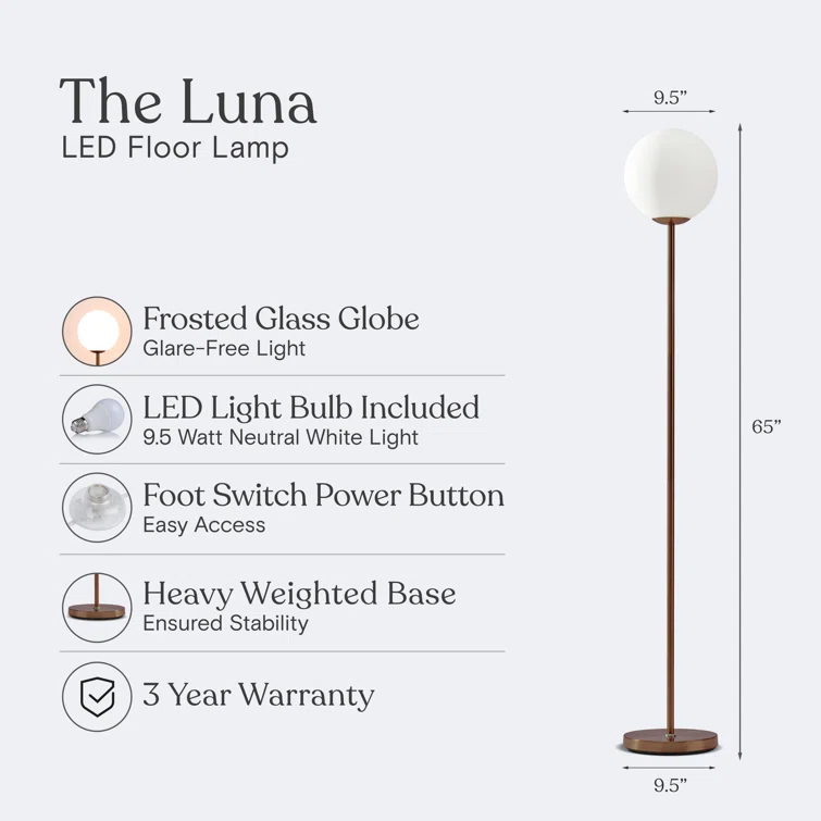 Luna 65 in. Modern LED Energy Efficient Floor Lamp with Frosted Glass Globe Shade