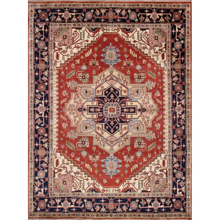 Serapi Hand-Knotted Wool Oriental Area Rug in Red/Navy/Cream