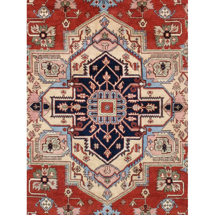 Serapi Hand-Knotted Wool Oriental Area Rug in Red/Navy/Cream