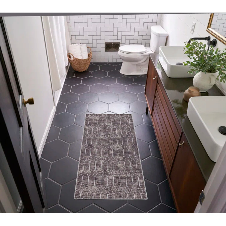 Geometric Machine Washable Polyester/Cotton Area Rug in Mocha