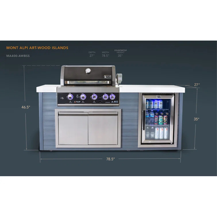 Mont Alpi MA400-AWBSS Artwood Series High Density Polyethylene 4-Burner 63000 BTU Propane Natural Gas Black Stainless Steel Outdoor Kitchen Island Grill + Granite Countertops + Double Access Doors + Refrigerator