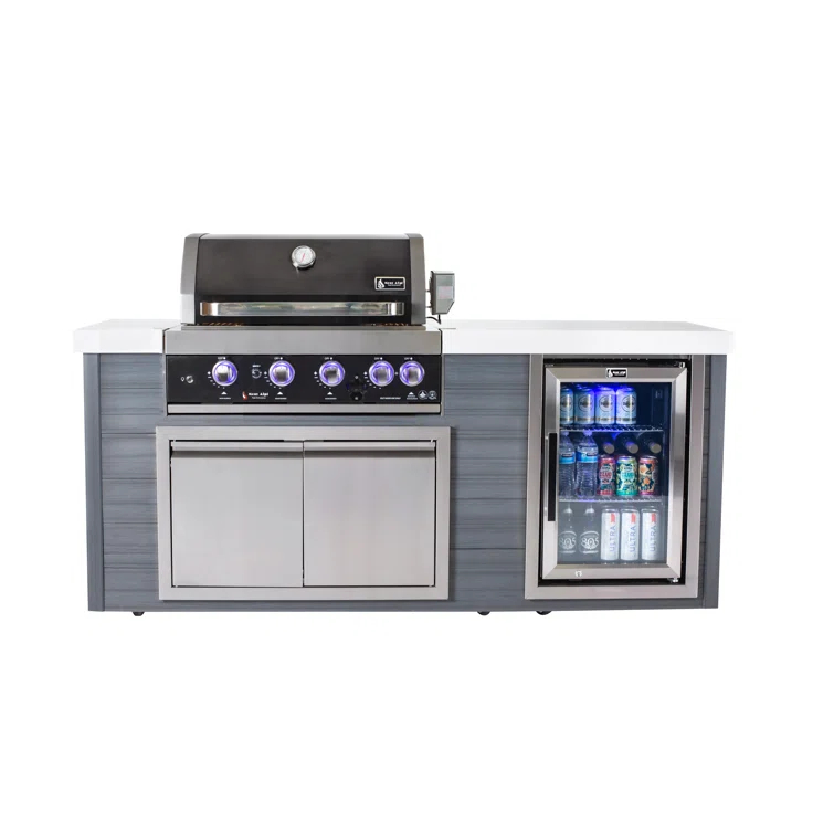 Mont Alpi MA400-AWBSS Artwood Series High Density Polyethylene 4-Burner 63000 BTU Propane Natural Gas Black Stainless Steel Outdoor Kitchen Island Grill + Granite Countertops + Double Access Doors + Refrigerator